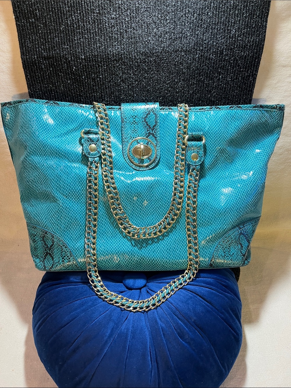 VINTAGE Kate Landry Teal Snake-Effect Tote with Gold Chain Handles